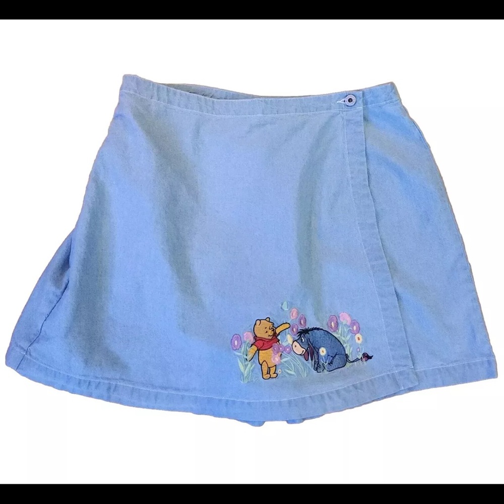 Vtg Disney Catalog Pooh Women's Blue Denim Skort Skirt w/ Eeyore & Pooh